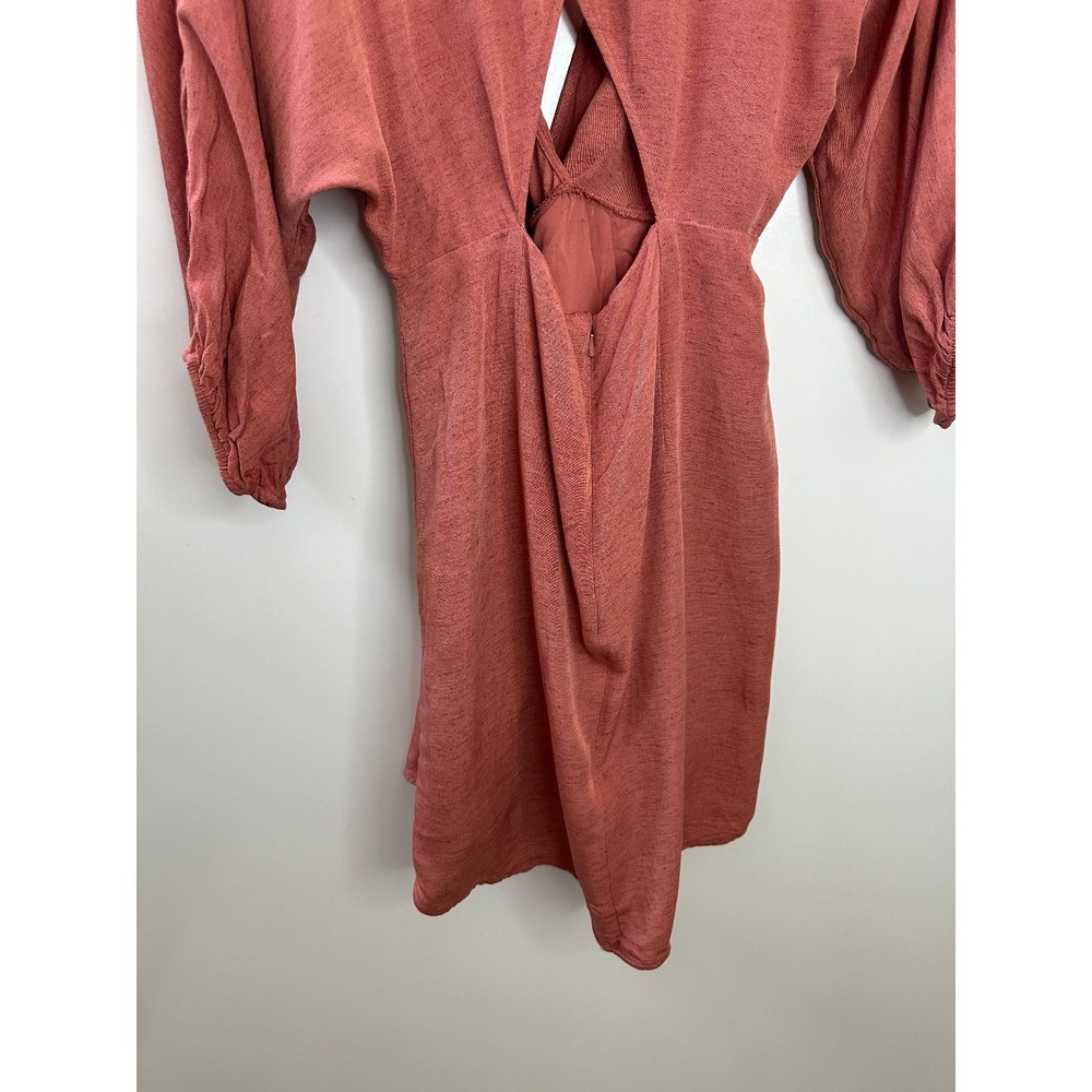 Anthropologie Tie-Front Wrap Mini Dress Size 8 Rust Viscose Linen 3/4 Sleeves - Picture 14 of 16